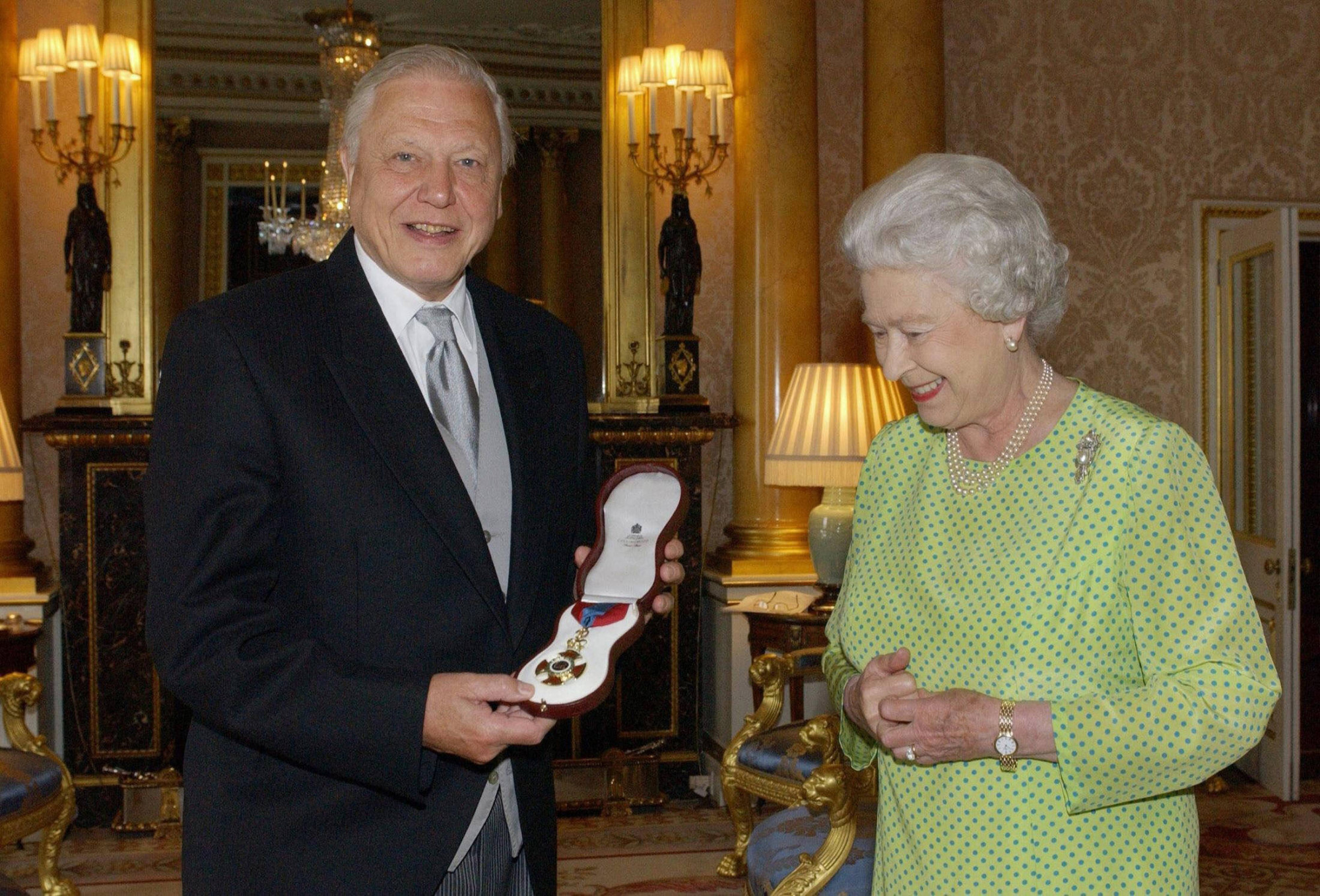 Sir David Attenborough a királynő által adományozott Order of Merit rendjellel járó medállal, II. Erzsébet mellett 2005 júniusában, a londoni Buckingham-palotában