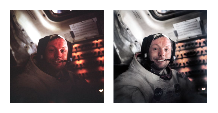 Neil Armstrongról a Holdra szállás utáni pillanatokban készített fotót Buzz Aldrin (Apollo–11, 1969. július 21.) – balra az eredeti, jobbra a feljavított kép