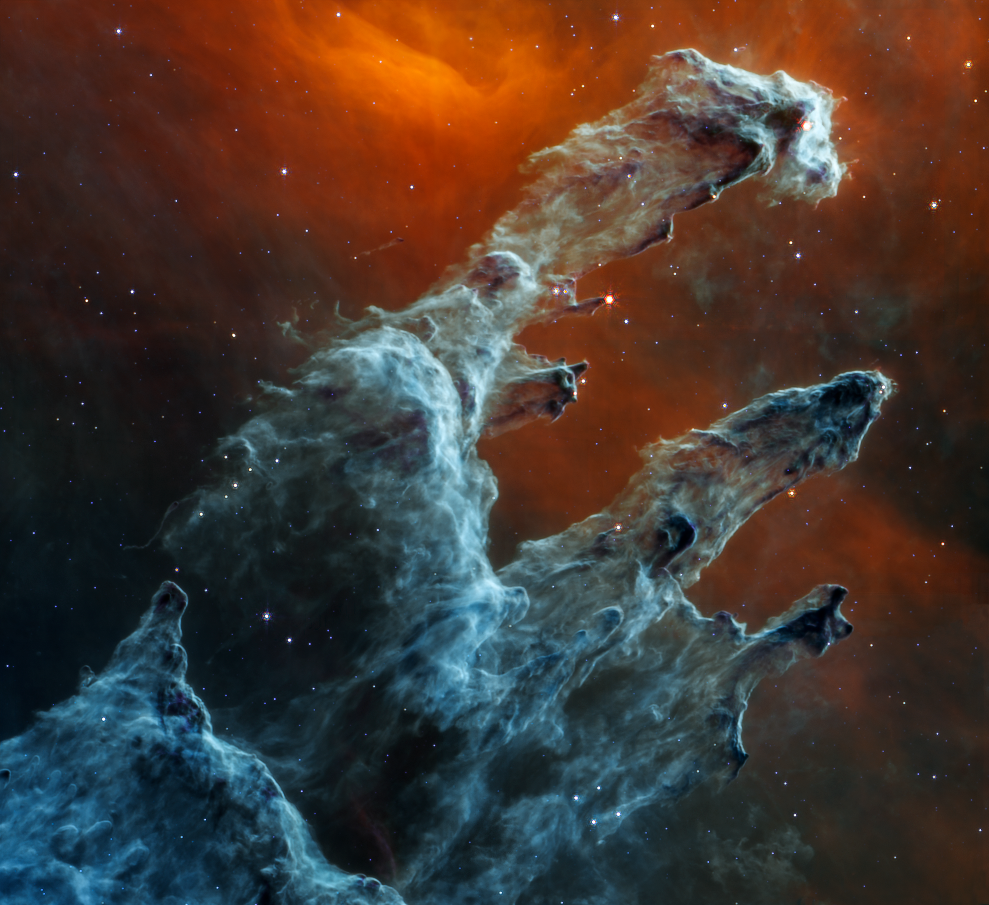 A Teremtés Oszlopai a James Webb űrtávcső közép-infravörös kamerájának felvételén