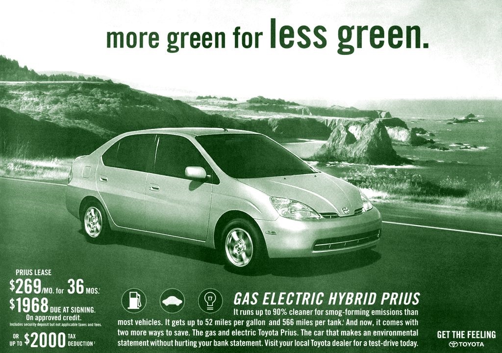 „Zöldebb, kevesebb zöldért” – a környezetbarátság és a dollár közös szinonimáját kihasználó amerikai Prius-hirdetés 2002-ből