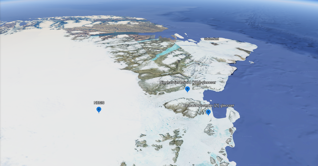 A NEGIS jégár és két tengerben végződő gleccsere a Google Earth-ön