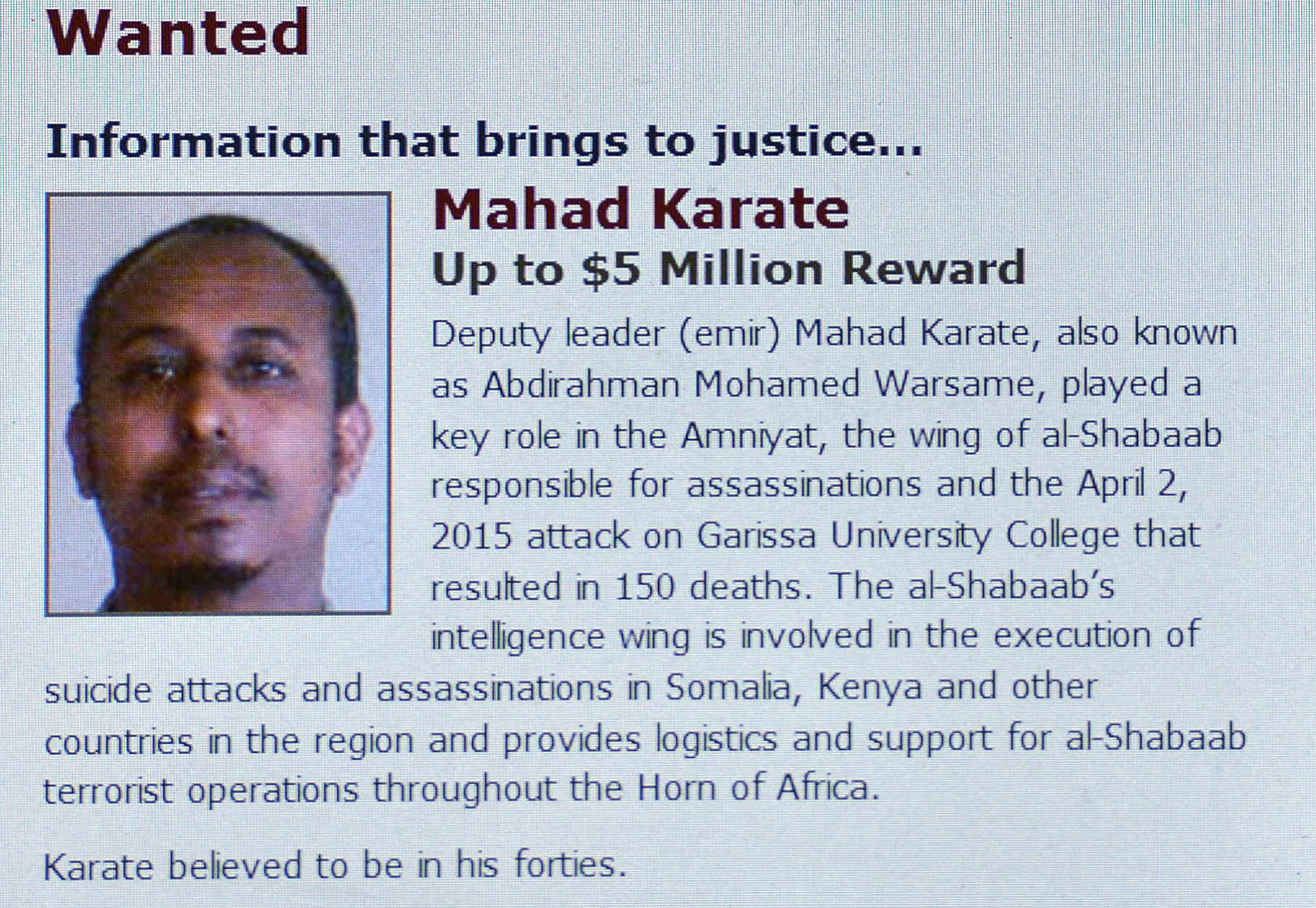 Washington 10 millió dollárra emelte a nyomravezetői díjat, amit az al-Shabaab legfőbb vezérei fejére tűzött ki
