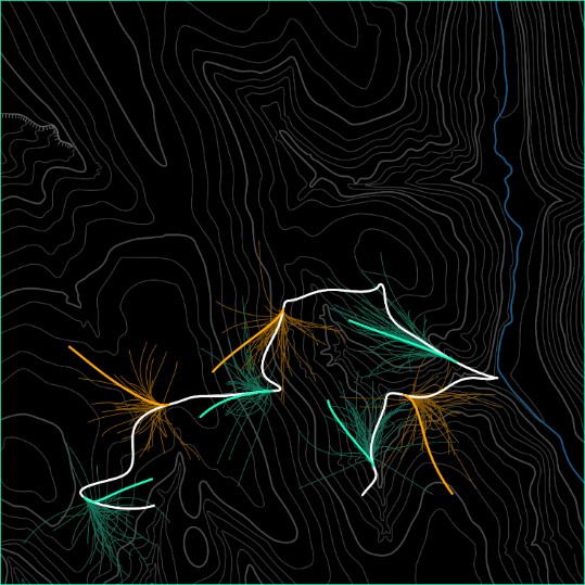 Tájékozódás közben a rágcsálók egy térképszerű mentális modell segítségével tudnak lehetséges útvonalakat „kipróbálni”. Ezen a képen egy szintvonalas domborzati térképre van ráhelyezve egy kísérleti patkány útvonala (fehér vonal) néhány lehetséges alternatív útvonallal együtt (zöld és narancs). Az agy minden pillanatban rengeteg lehetőségből (halvány színek) választ ki egyetlen hipotetikus útvonalat (élénk színek), amely megjelenik az idegi aktivitásban. A megjelenített útvonal nem feltétlenül az, amelyik a legjobban hasonlít az állat útjára. Az alternáló színek azt jelzik, hogy az egymást követően megjelenő útvonalak általában különböző irányban térnek el az állat valódi útvonalától.