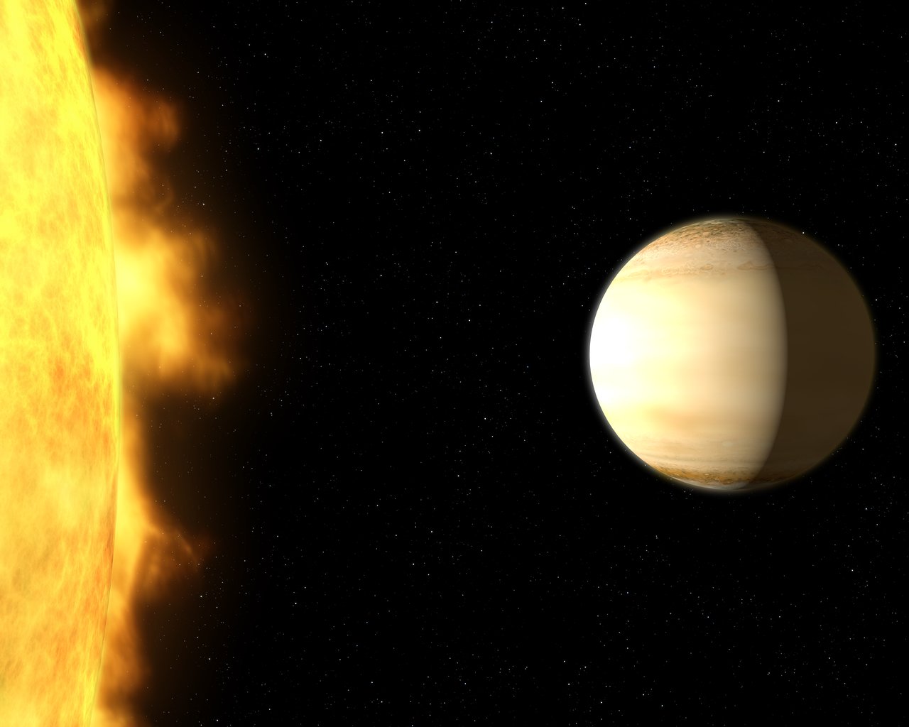 A WASP-39b illusztrációja – a bolygó közelebb áll központi csillagjához, mint a Merkúr a Naphoz