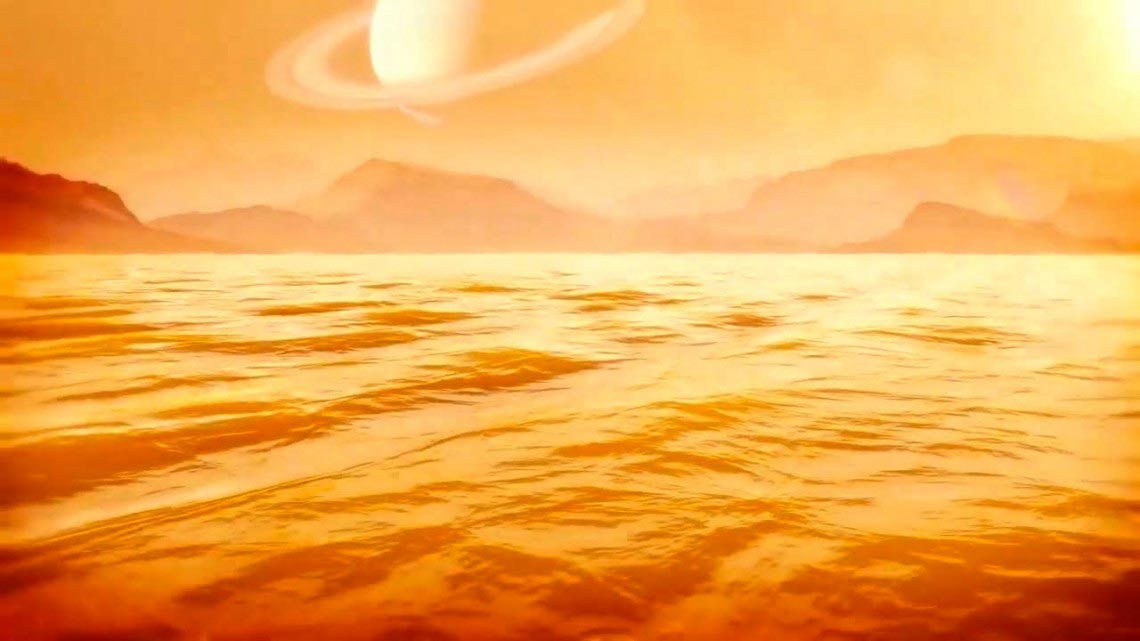 A Kraken Mare, a Titánon található nagy folyékony metántenger művészi ábrázolása