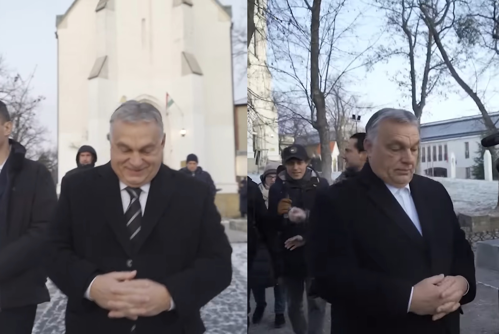 Orbán hétfőn és kedden némán baktat a kisbusza felé a katolikus mise után.