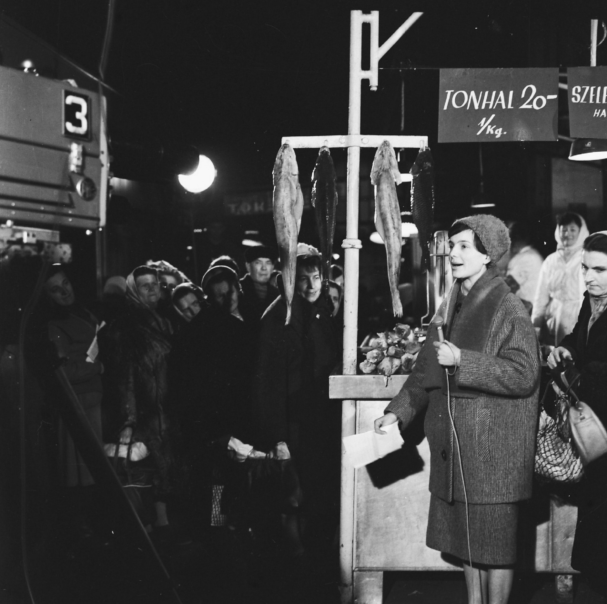 Molnár Margit, az MTV riportere a Központi Vásárcsarnok halaspultja mellől jelentkezik be 1962-ben.