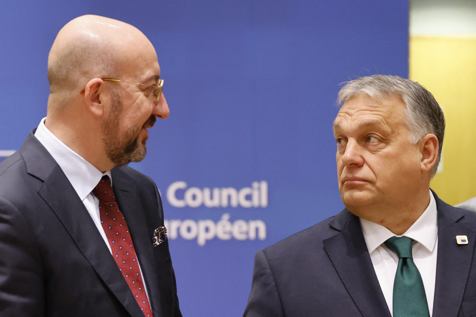 Charles Michel, a Tanács elnöke, és Orbán Viktor a csütörtöki csúcstalálkozón.