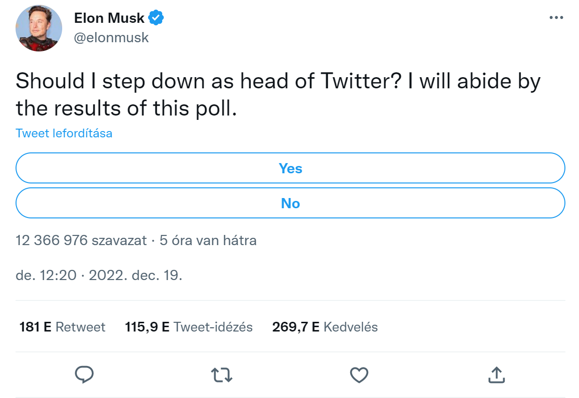 Elon Musk megszavaztatja, hogy lemondjon-e vagy sem a Twitter éléről
