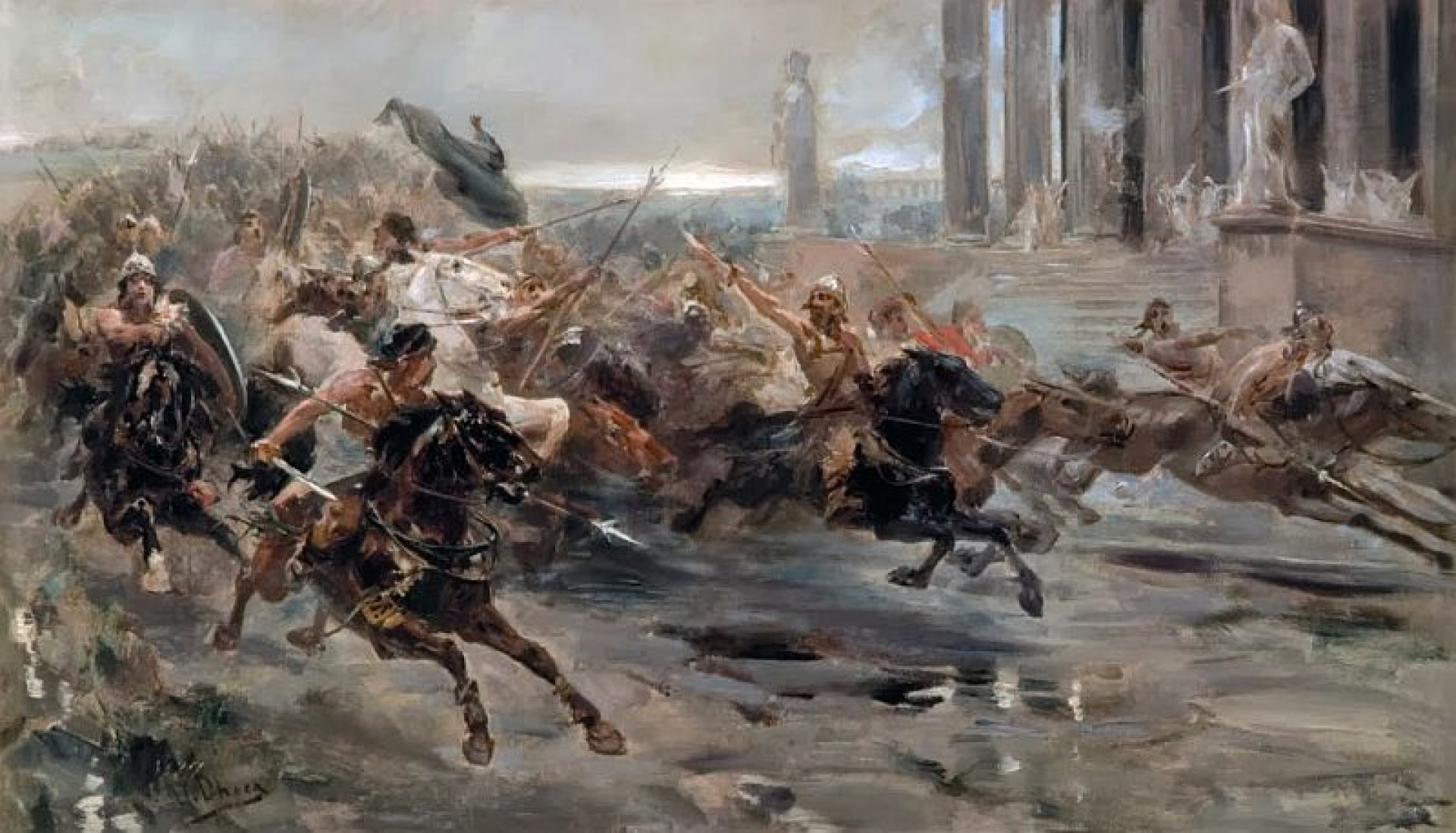 Fall of the Roman Empire in painting: Ulpiano Checa y Sanz, Invasion of the Barbarians or The Huns approaching Rome, In deposit at the University of Valladolid. Disappeared in 1939. Wikimedia Commons (public domain).