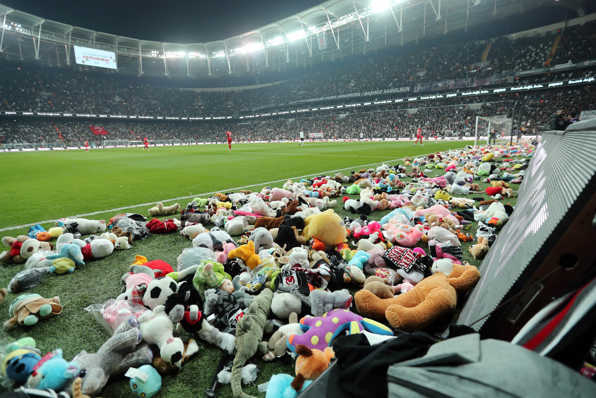 Több ezer plüsst dobtak a Besiktas-szurkolók a pályára egy vasárnapi mérkőzésen