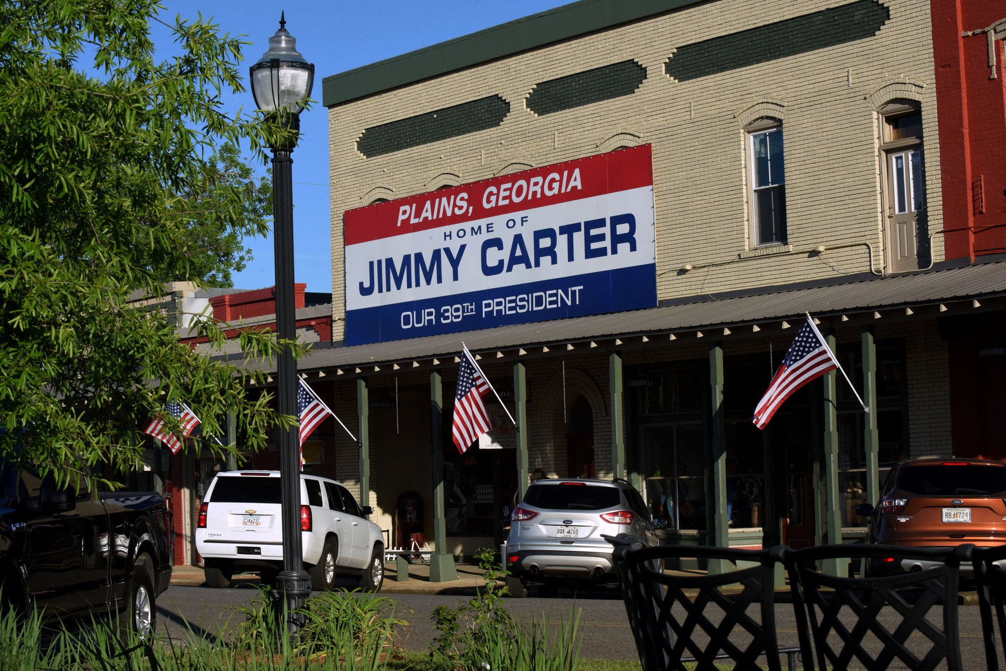 Hatalmas tábla hirdeti ezen a 2019-es fotón, hogy Plains Jimmy Carter otthona