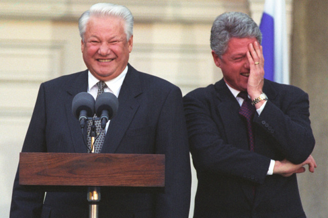 Clinton és Jelcin közös sajtótájékoztatója 1995-ben.