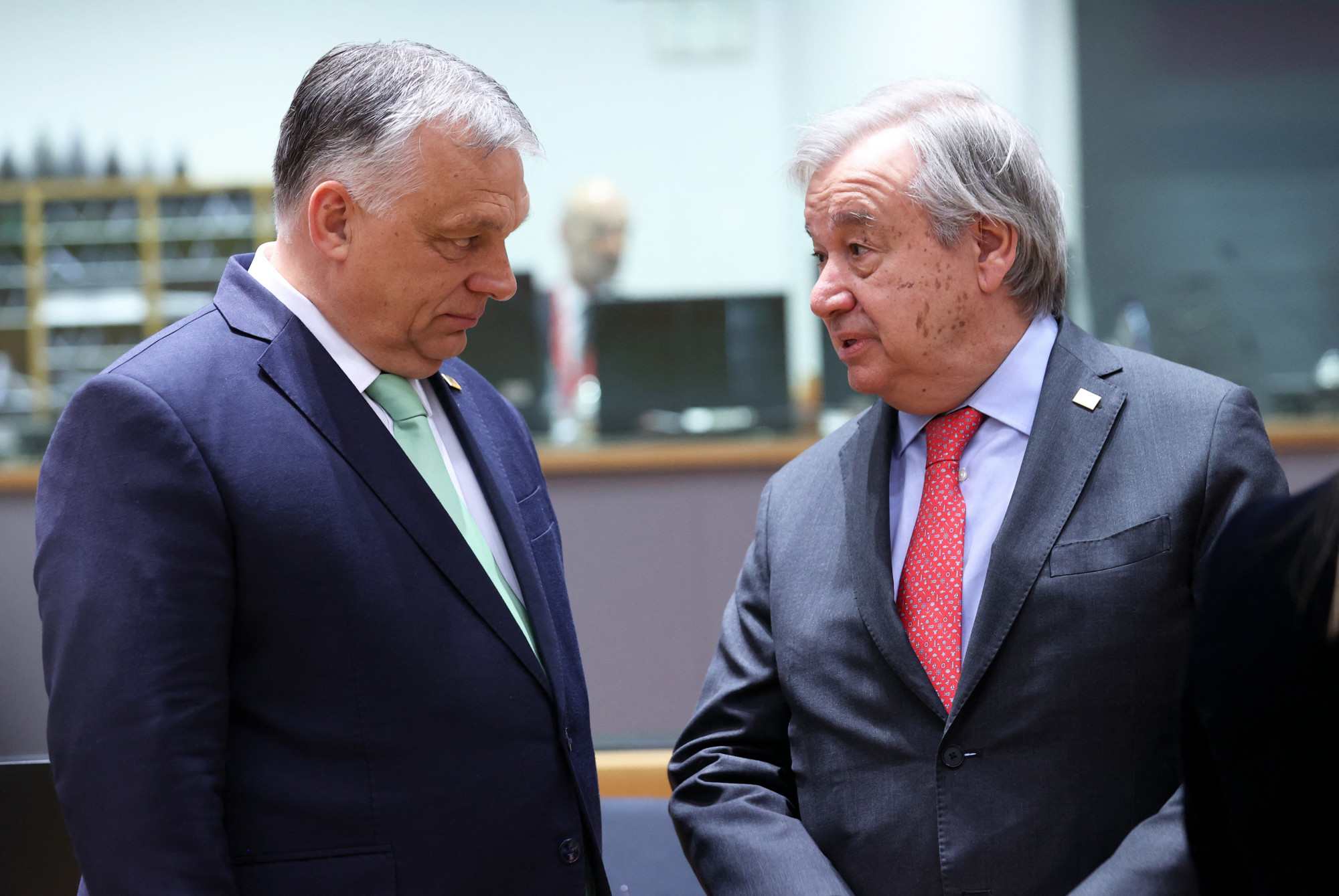 Orbán Viktor miniszterelnök és Antonio Guterres ENSZ-főtitkár 2023 márciusában Brüsszelben