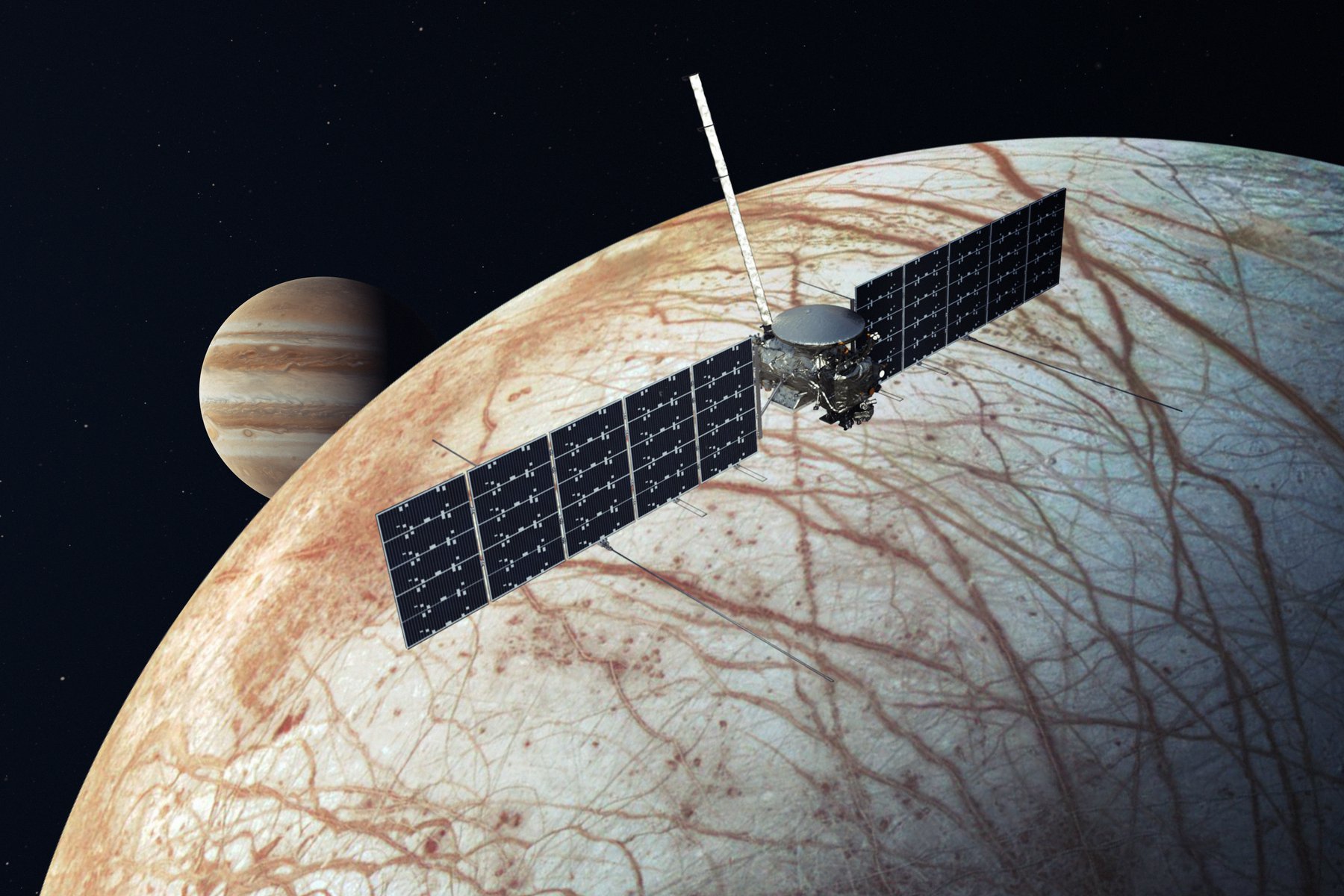 A NASA Europa Clipper szondája elhalad az Europa mellett, háttérben a Jupiterrel (illusztráció)