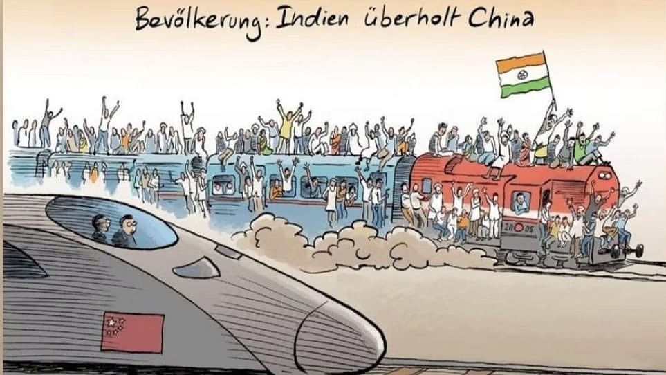 Kiakadtak az indiai miniszterek a Der Spiegel karikatúráján, ami a Kínával való népességversenyükön élcelődik
