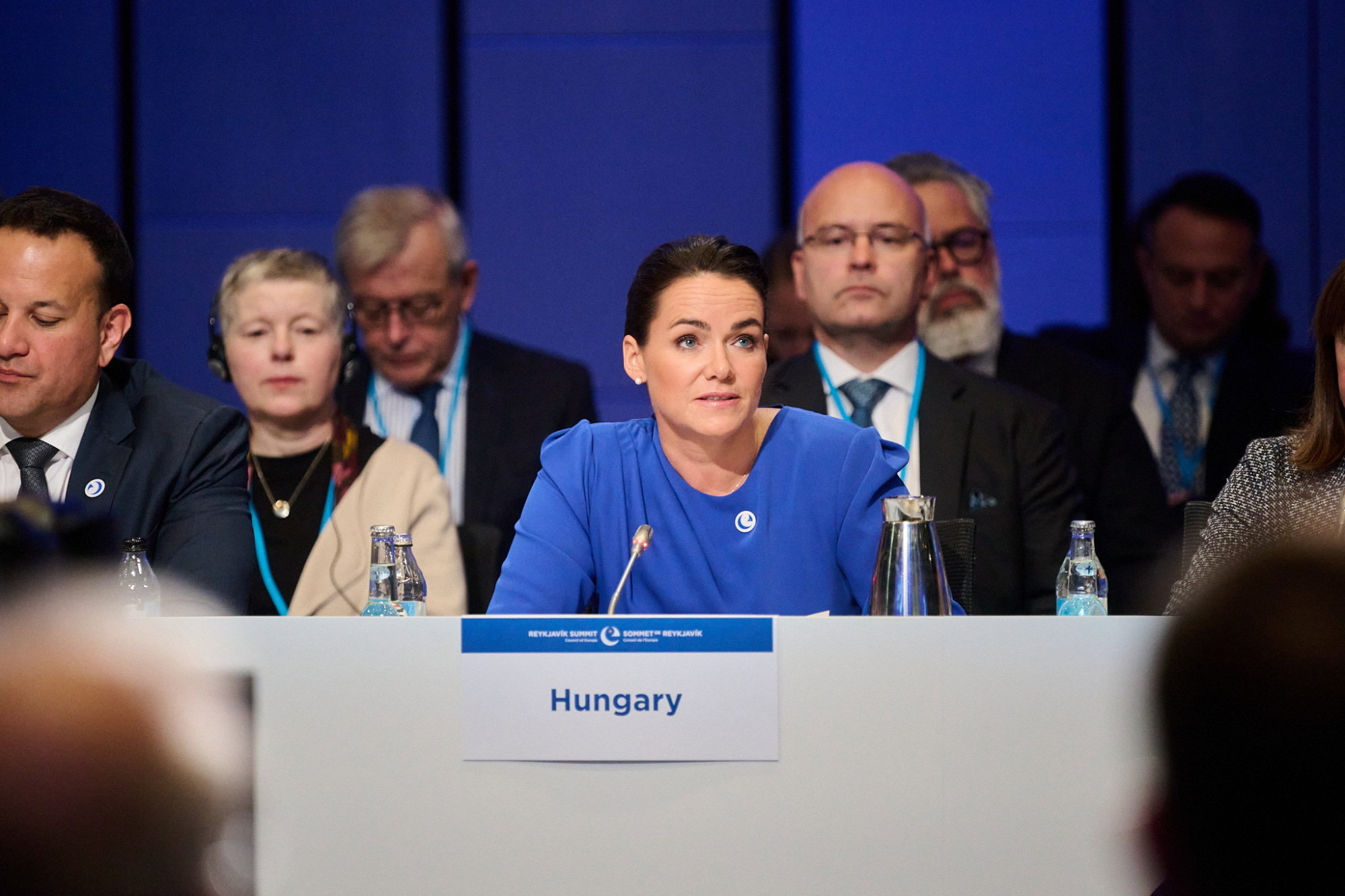 Novák Katalin köztársasági elnök felszólal az Európa Tanács állam- és kormányfőinek csúcstalálkozóján Reykjavíkban 2023. május 17-én.