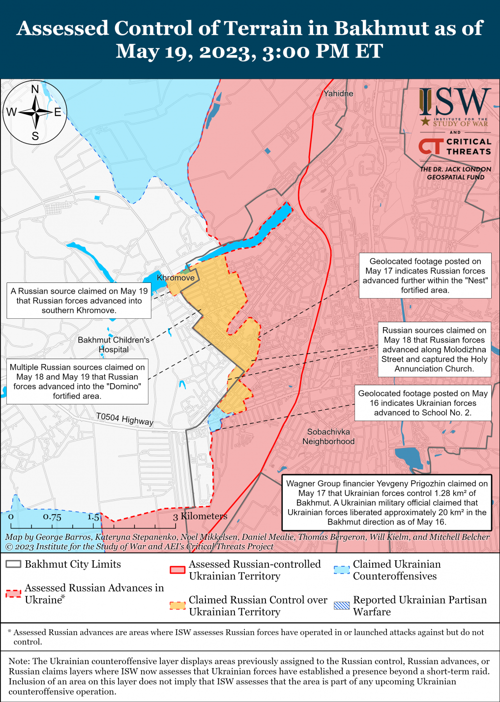 Az ISW 2023. május 19-i térképe alapján az ukrán erők csak pár háztömböt ellenőriztek Bahmut közigazgatási határán belül