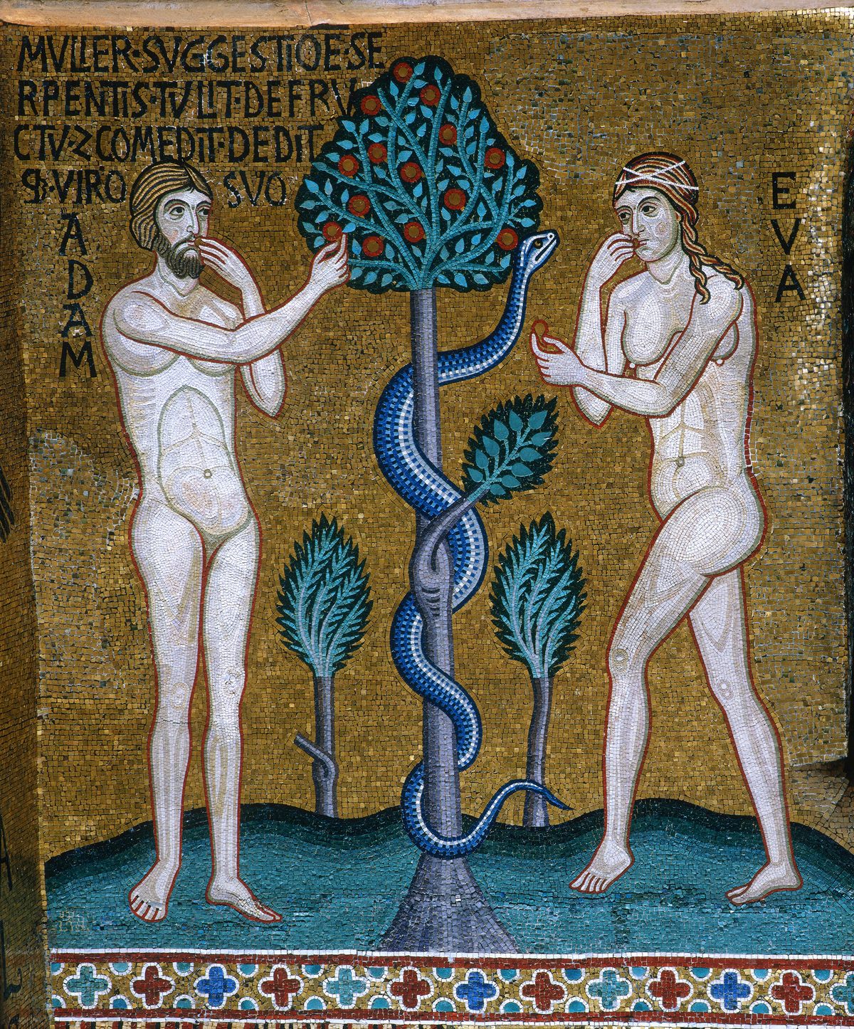 Ádám és Éva a bűnbeesés előtt egy kora-középkori mozaikon