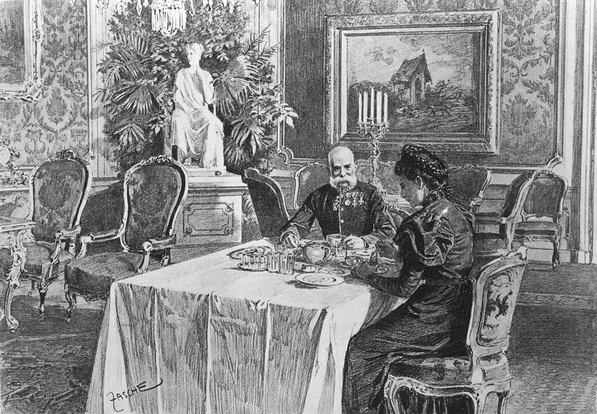 Ferenc József és Erzsébet királyné a bécsi Hofburgban reggelizés közben egy 1890 körül készült metszeten