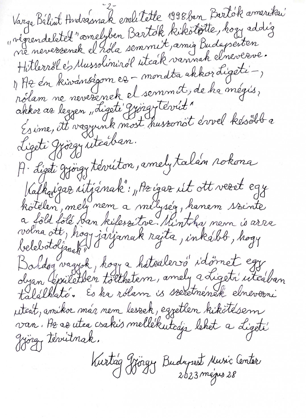 Kurtág György utcaavató beszédének kézirata 2
