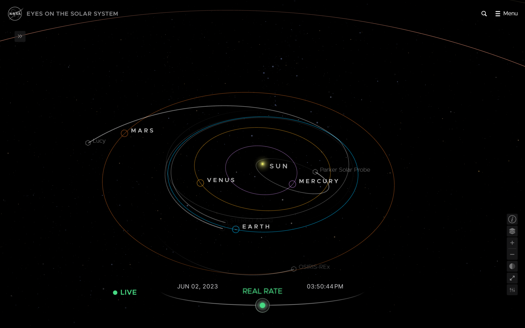 A bolygók és egyes űrszondák helyzete a belső Naprendszerben 2023. június 2-án