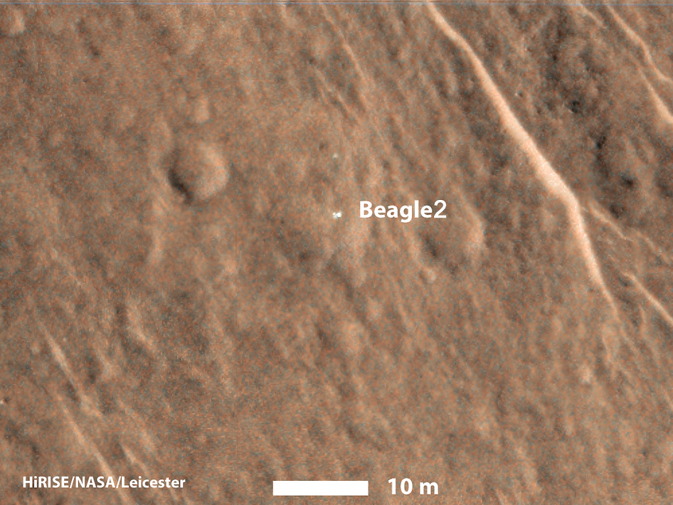 A Beagle-2 maradványai a NASA Mars Reconnaissance Orbiter keringőegységének HiRISE kamerájával készült felvételén