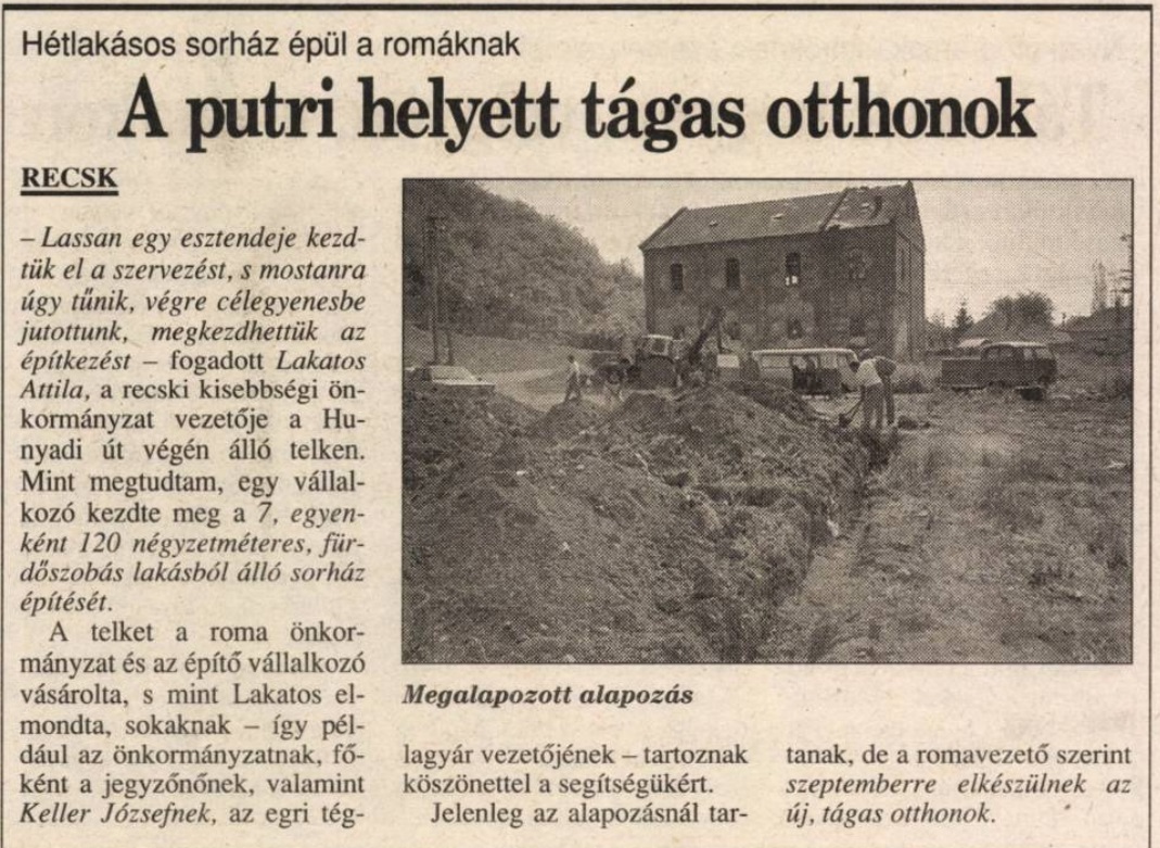 A Hunyadi úti házak építérésől szóló cikk a Heves Megyei Hírlapban (1997)