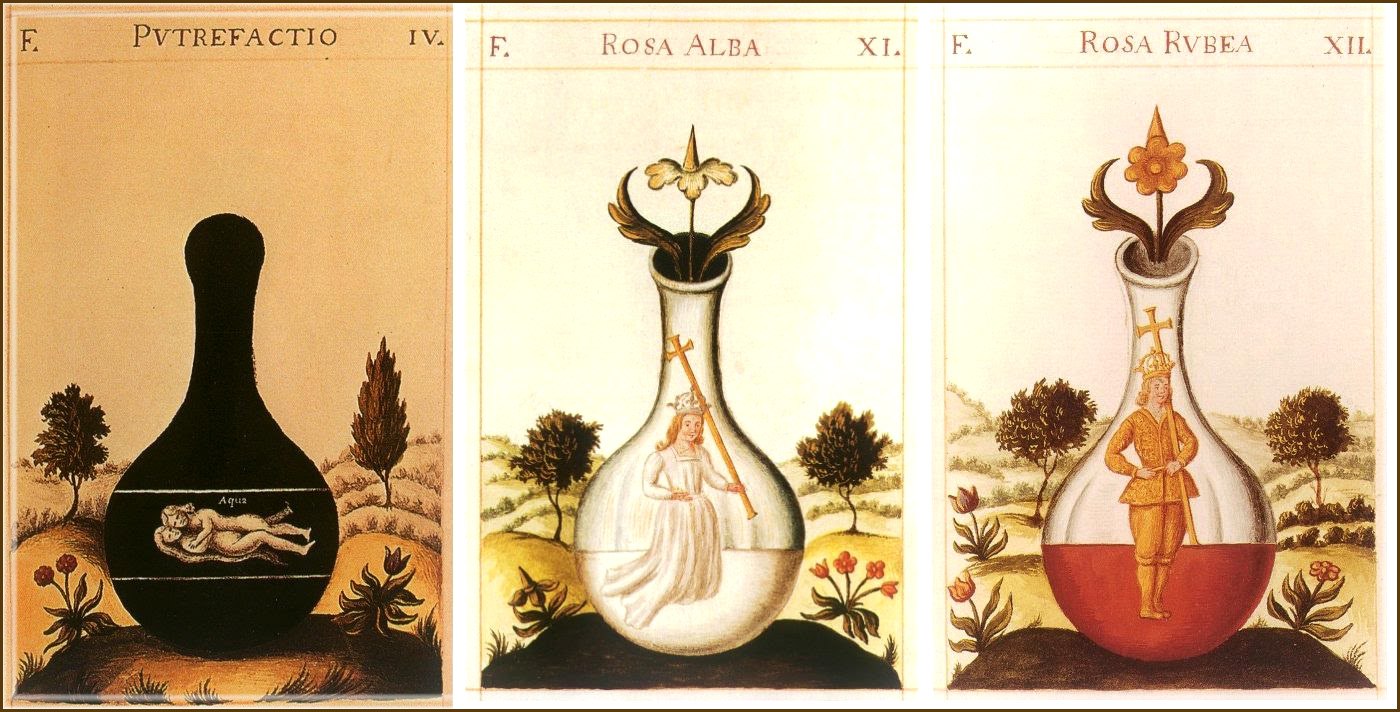 Az alkímiai mű három fázisa, a nigredo, az albedo és a rubedo. (A Pretiosissimum Donum Dei című, 1475-ben megjelent traktátusból.)