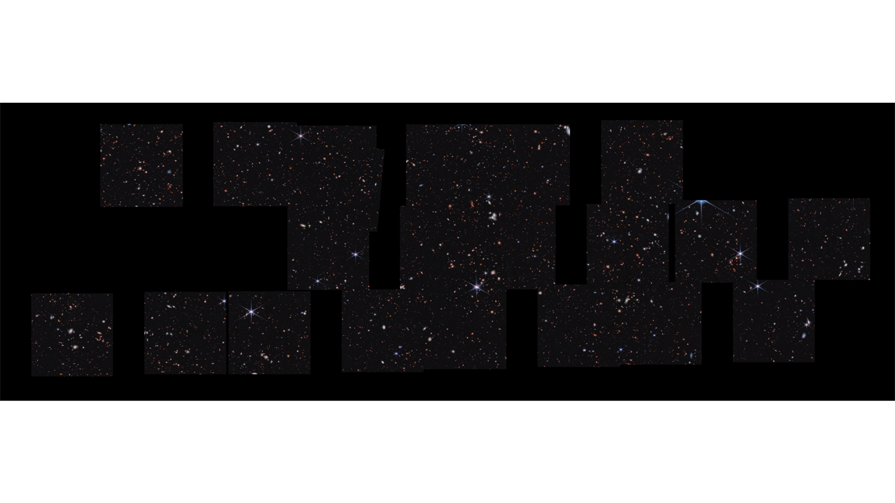A James Webb Űrteleszkóp által készített képekből összeállított felvételen a középponttól jobbra egy sor fényes spirálgalaxis látható, amelyek mintha egymásba csavarodnának.