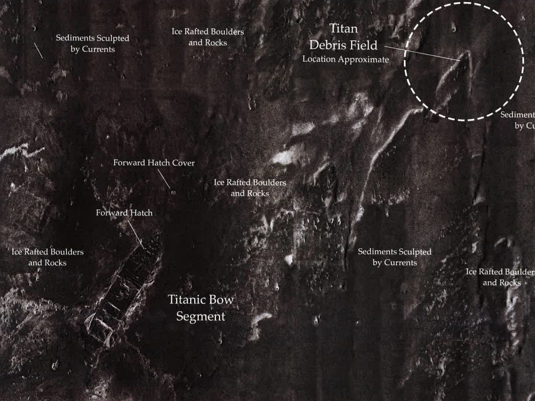 Térképen látszik, milyen közel fekszenek egymáshoz a Titan és a Titanic roncsai