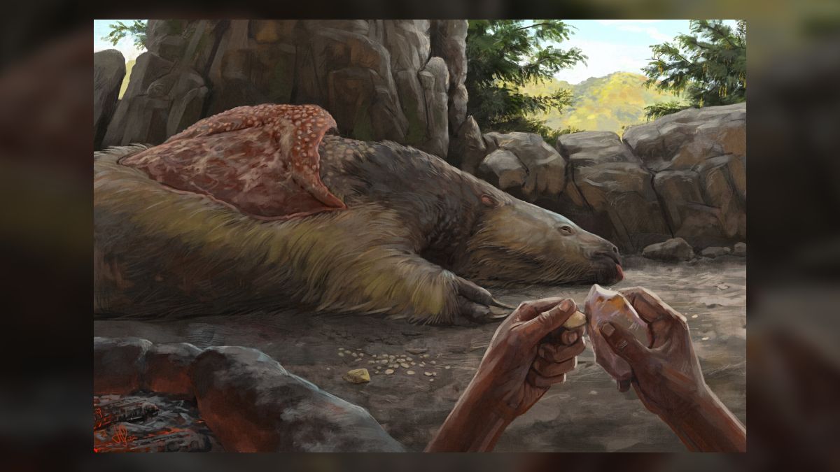 Fantáziarajz egy elejtett óriáslajhárról (Megatherium americanum) és a csontjaiból eszközt készítő modern emberről