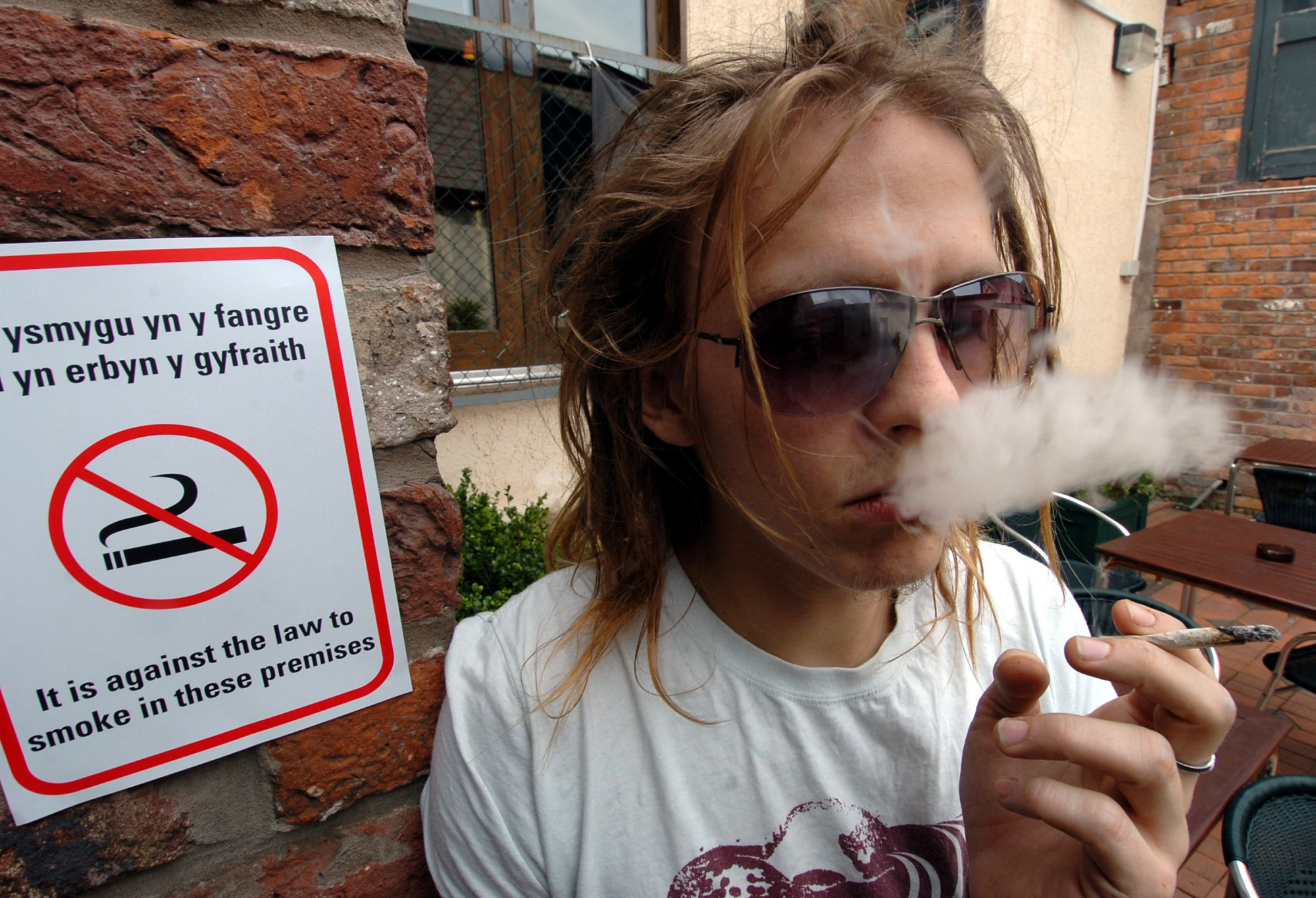 Egy nő dohányzik egy walesi bár előtti, dohányzást tiltó kétnyelvű felirat mellett 2007-ben.