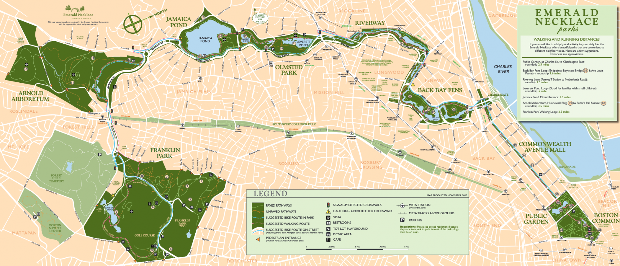 Boston zöldfelületi rendszere: a parkok, mint smaragdzöld ékkövek, nyakláncként egymáshoz fűzve. Az egyes parkok között néhol csak egy-egy keskenyebb víz- és zöldfelület biztosítja a kapcsolatot.