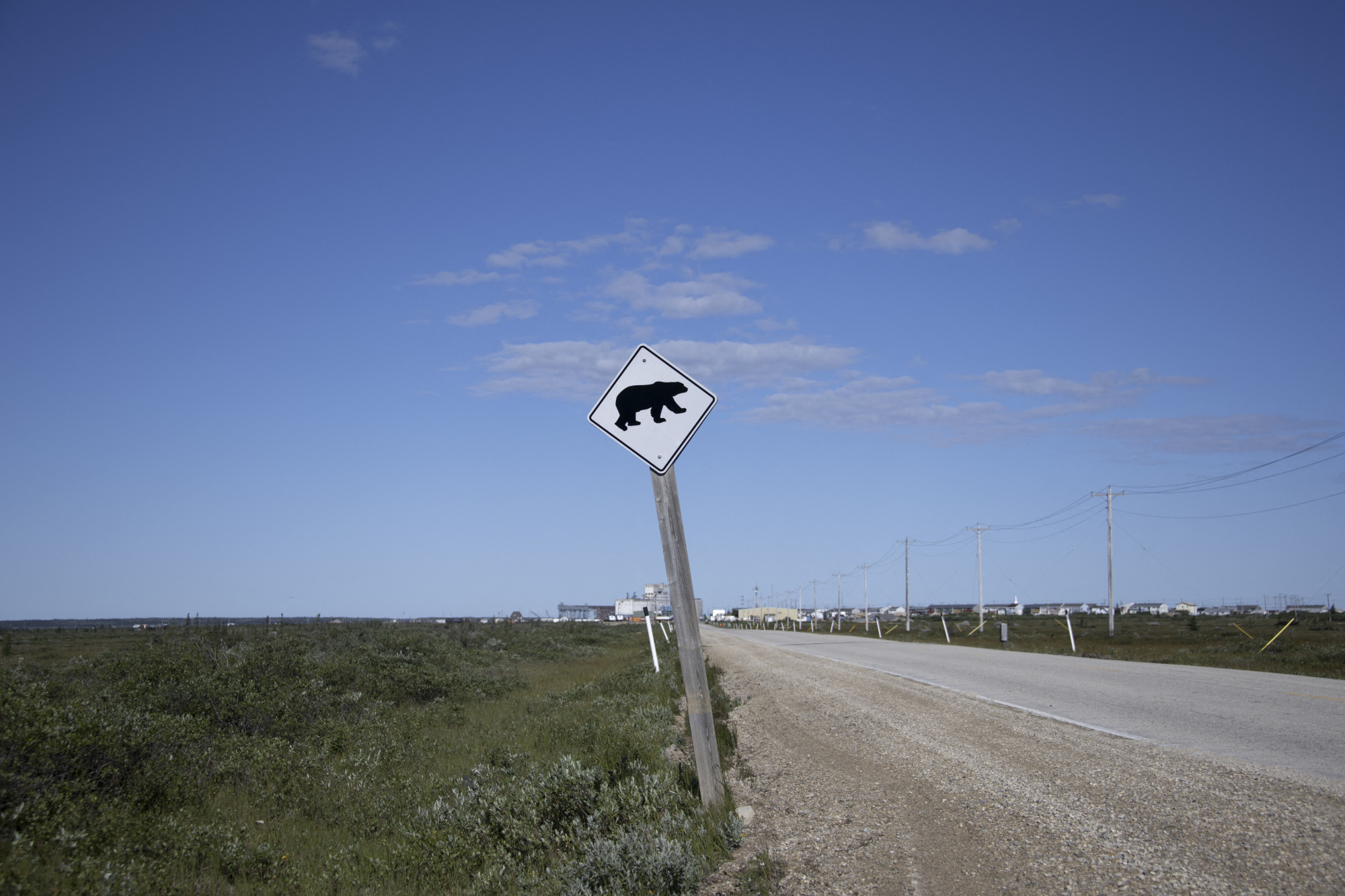 Jegesmedvékre figyelmeztető közlekedési tábla a kanadai Churchillben 2022. augusztus 7-én