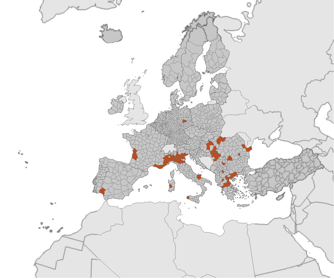 Az idén augusztus 23-ig az Európai Gazdasági Térségben (EEA) regisztrált nyugat-nílusi vírusfertőzések földrajzi megoszlása