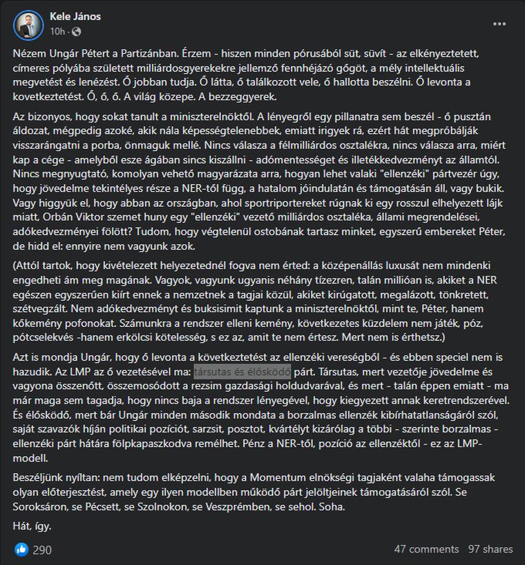 Kele János Ungár Péter Partizánnak adott interjújára reagáló Facebook-bejegyzése.