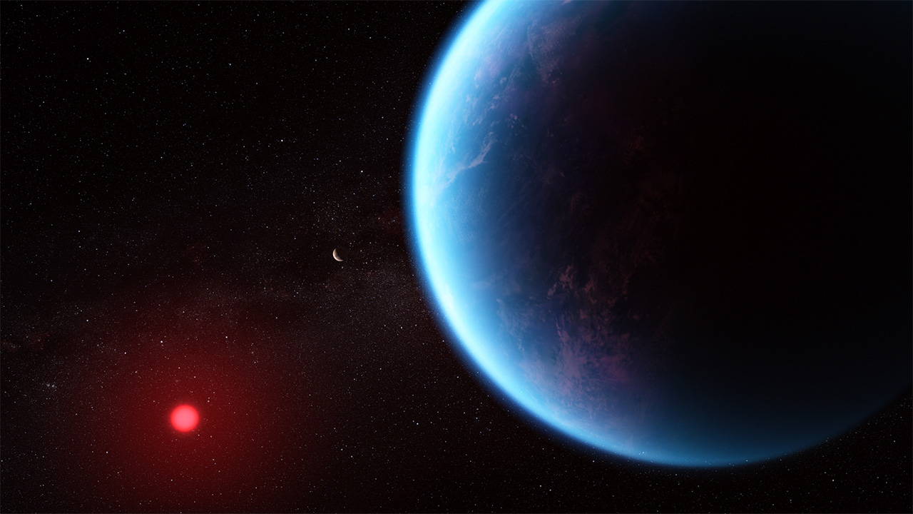 A K2-18b illusztrációja, ahogy a K12 törpecsillag körül kering mintegy 120 fényévnyire a a Földtől.