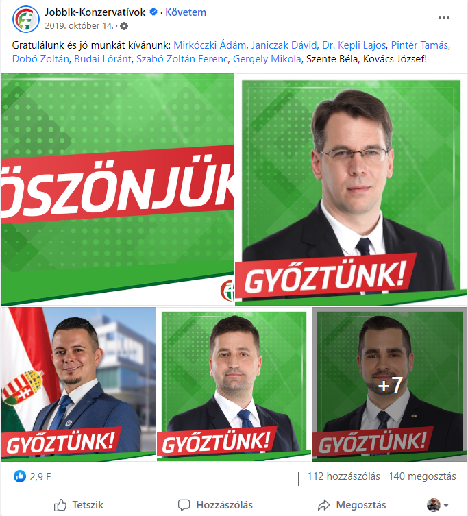 A Jobbik nyertes polgármester-jelöltjeinek köszöntése a 2019-es önkormányzati választás másnapján