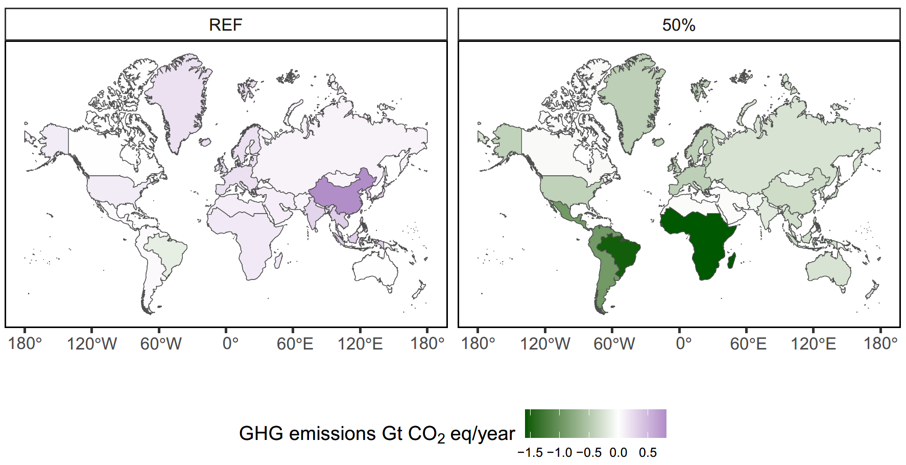 Üvegházhatású gézok kibocsátásának regionális változása a referencia (balra) és az 50 százalékos arányú átállással számoló forgatókönyv (jobbra) esetén