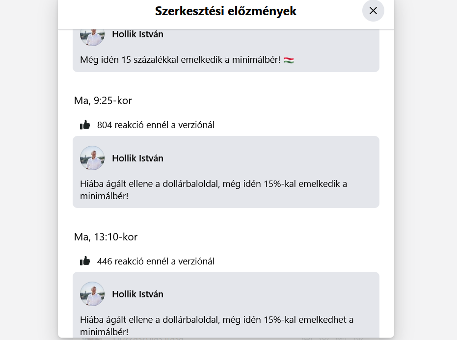 Egy Facebook-poszt evolúciója: Hollik István utólag átírta a 15%-os minimálbér-emelésről szóló posztját