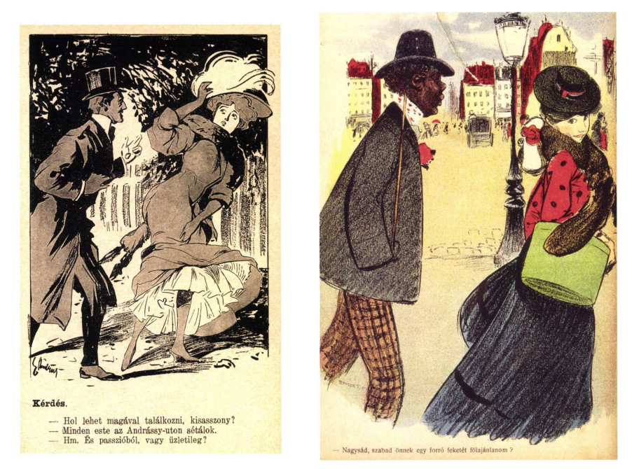 Rajzok a Kis élclap (balra, 1909) és a Flirt (jobbra, 1904) című újságokból