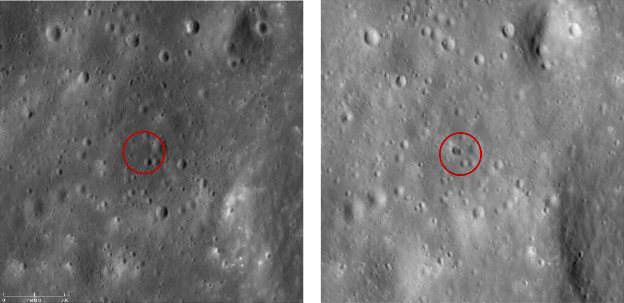 A kettős kráter helyszíne a becsapódás előtt és után