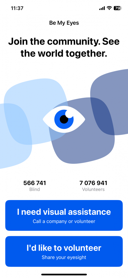 A Be My Eyes a Távszemhez hasonló alkalmazás, amiben viszont nem csak kiképzett operátorok segíthetnek a látássérült személyeknek, hanem olyan látó személyek is, akik csak egy egyszerű regisztrációt hajtanak végre és hajlandóak videohívásokat fogadni.