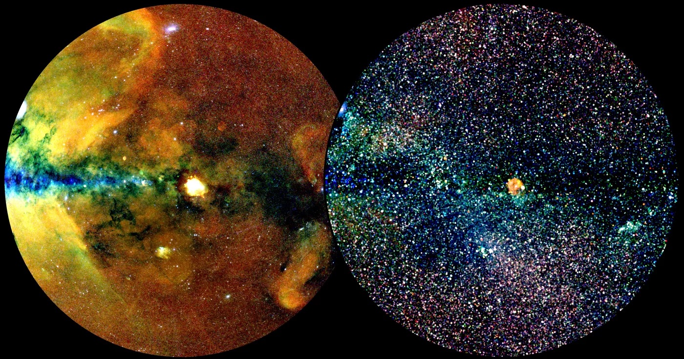Az égbolt röntgentérképe az összes sugárzási jellemzővel (balra), illetve (jobbra) a pontszerű forrásokkal