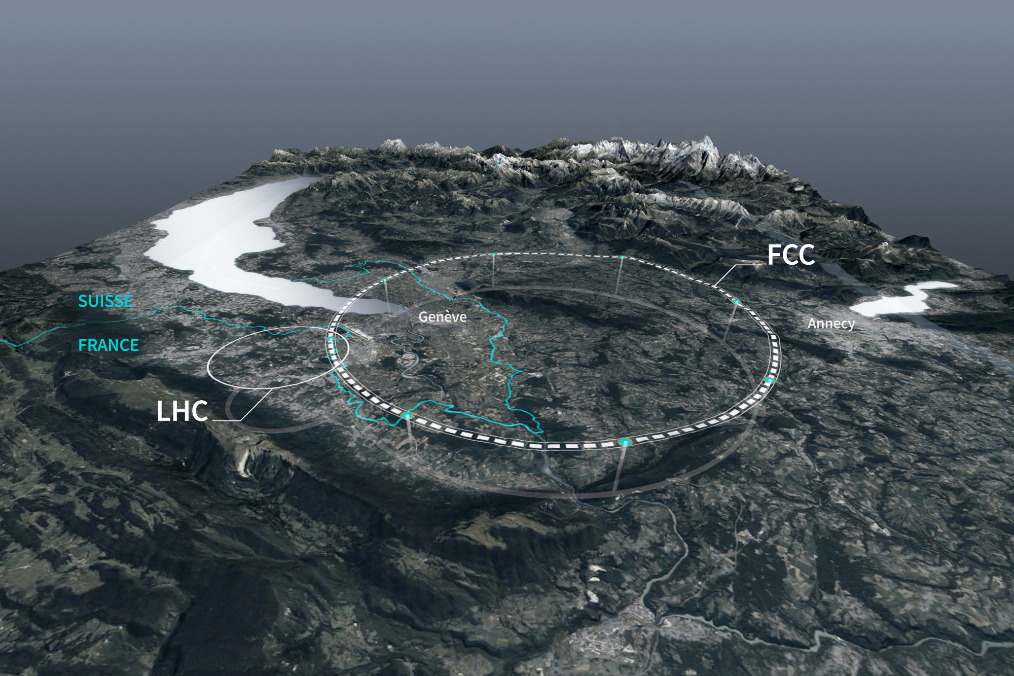 A tervezett Future Circular Collider (FCC) és a már meglévő Nagy Hadronütköztető (LHC) Genf mellett.