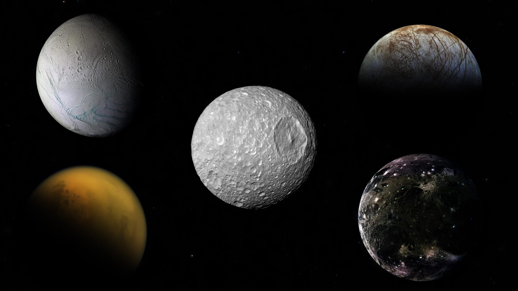 Öt óceánvilág a Naprendszerünkben: az Enceladus (bal fent), a Titán (bal lent), a Mimas (középen), az Europa (jobb fent) és a Ganymedes (jobb lent)