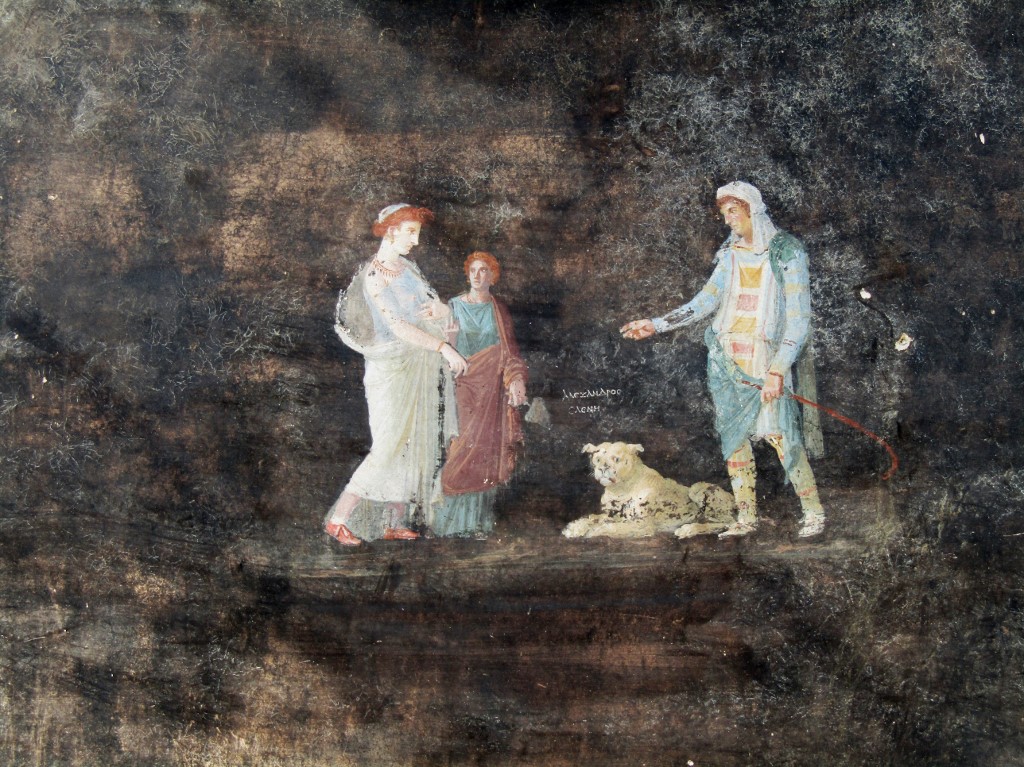 A Heléna és a trójai király fiának, Parisznak a találkozását ábrázoló freskó a Pompeiiben nemrég feltárt teremben