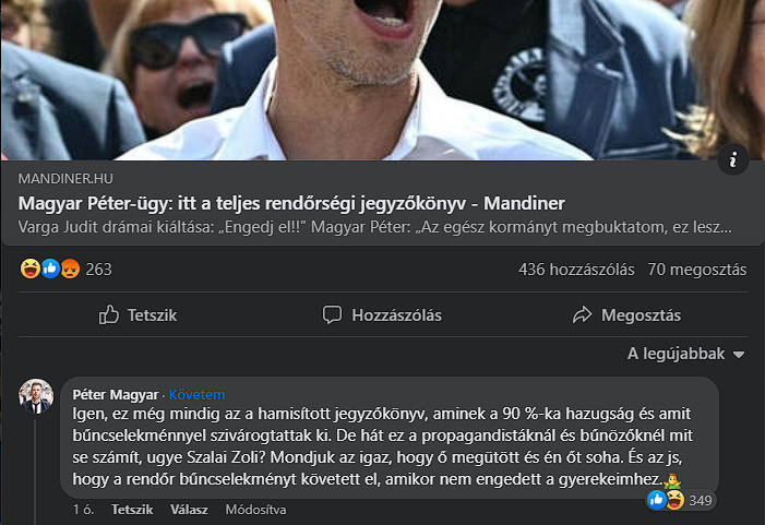 Magyar Péter kommentje a Mandiner cikke alatt április 29-én.