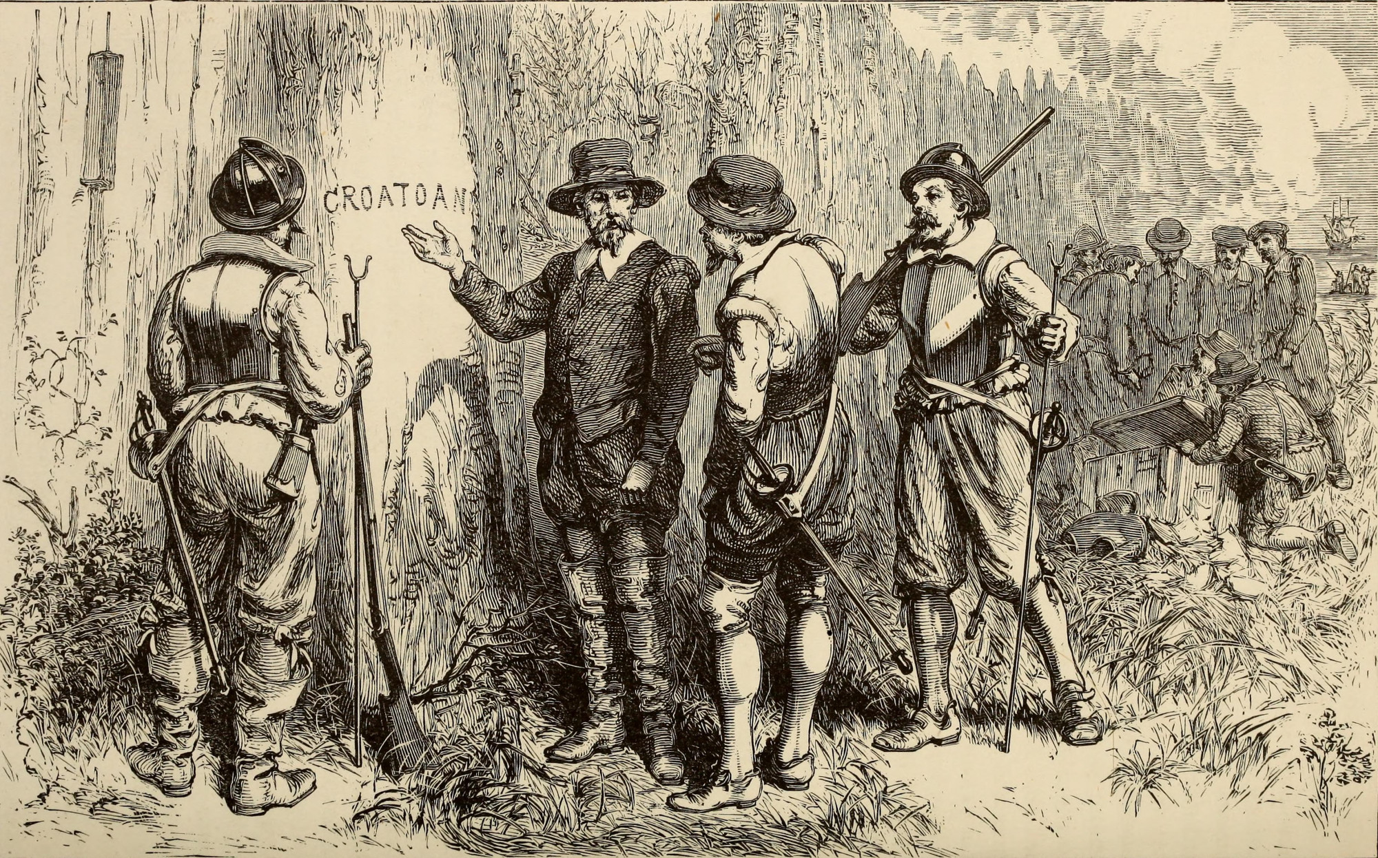 19. századi könyvillusztráció a Roanoke-kolónia eltűnése után maradt egyetlen nyom felfedezéséről